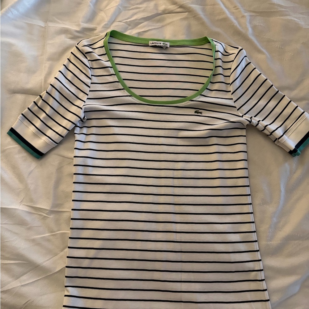 Lacoste White and Black Striped Tee with Green Accents